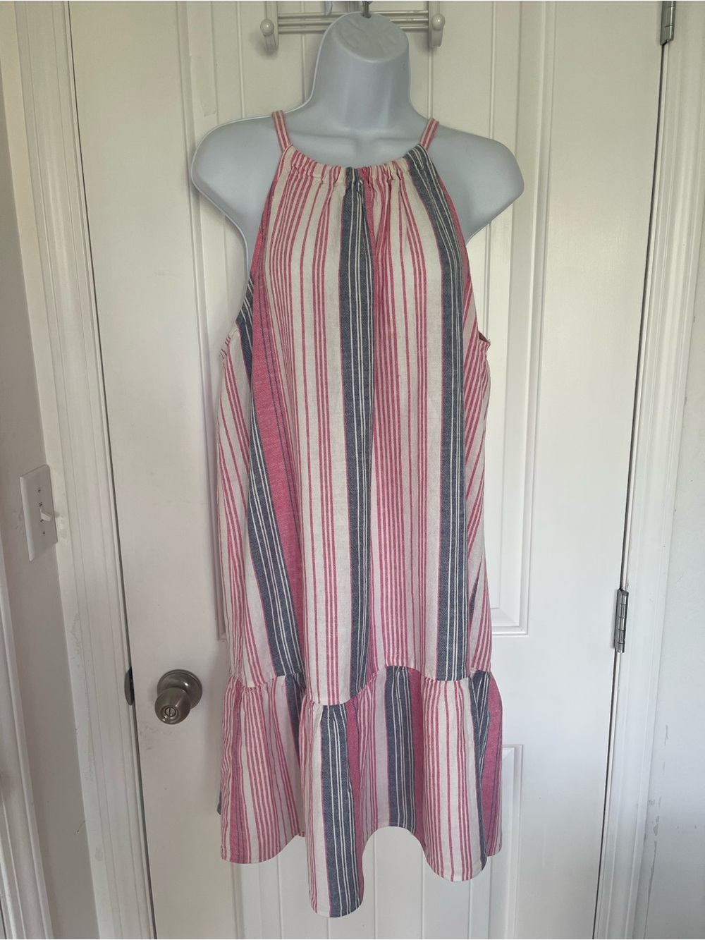 Striped Sleeveless linen Halter Sundress in Red, Navy & White